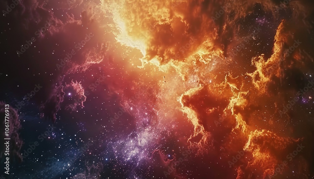 Obraz premium Cosmic Nebula with Red and Gold Clouds and Scattered Stars