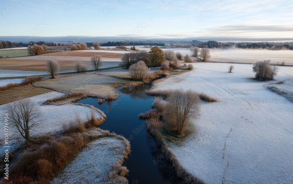 Fototapeta premium Nature’s early frost: onset of early winter as first snow gently covers blooming green landscapes, capturing contrast between nature’s final vibrant colors and season’s cold arrival.