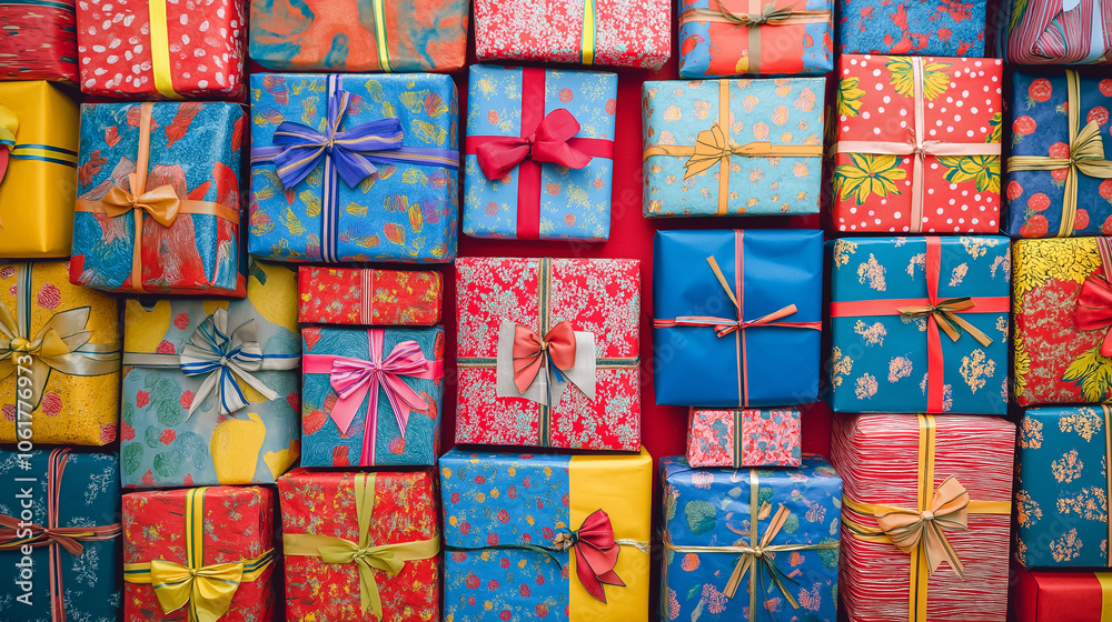 A vibrant display of colorful wrapped gifts in various sizes and patterns, set against a solid background A vibrant display of colorful wrapped gifts in various sizes and patterns, set against a solid background