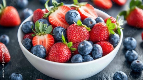 Fresh strawberries and blueberries in a white bowl, vibrant and healthy snack