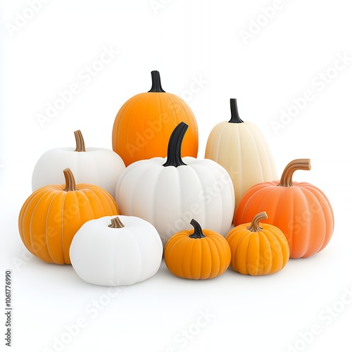 A group of small pumpkins of different sizes and colors against a white background.