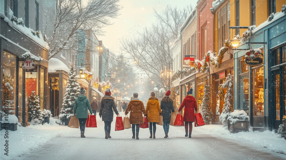 Obraz premium Holiday shopping scene with people carrying gift bags and decorated storefronts