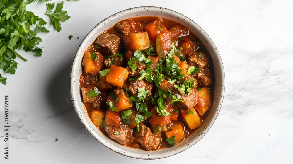 Beef Stew with Root Vegetables and Parsley in a White Bowl Beef Stew with Root Vegetables and Parsley in a White Bowl