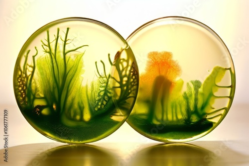 s bio art suliving algae cultures in petri dishes photo