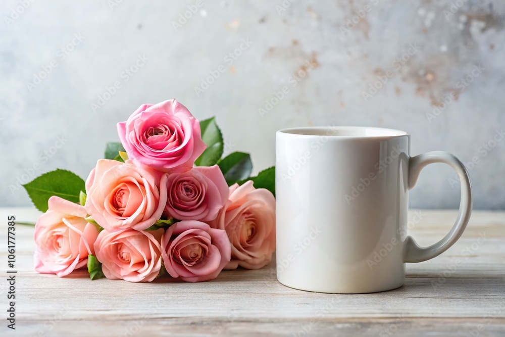 Elegant White Mug Mockup with Rose Flower for Coffee Cup Printing Design, Styled Stock Photography for Product Marketing and Branding Elegant White Mug Mockup with Rose Flower for Coffee Cup Printing Design, Styled Stock Photography for Product Marketing and Branding