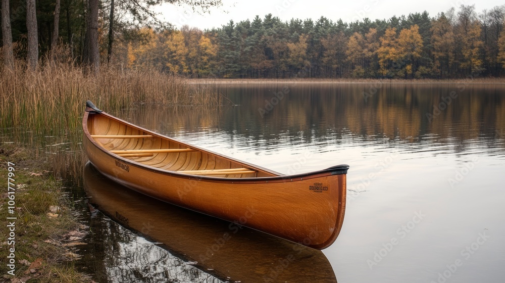 Wooden canoe on tranquil lake surrounded by trees background Wooden canoe on tranquil lake surrounded by trees background
