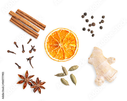 Fototapeta Naklejka Na Ścianę i Meble -  Top view of set or collection of seasonal mulling spices mixture consists of dry cinnamon sticks, orange slice, cloves, anise star, cardamom, fresh ginger and black pepper isolated on white background