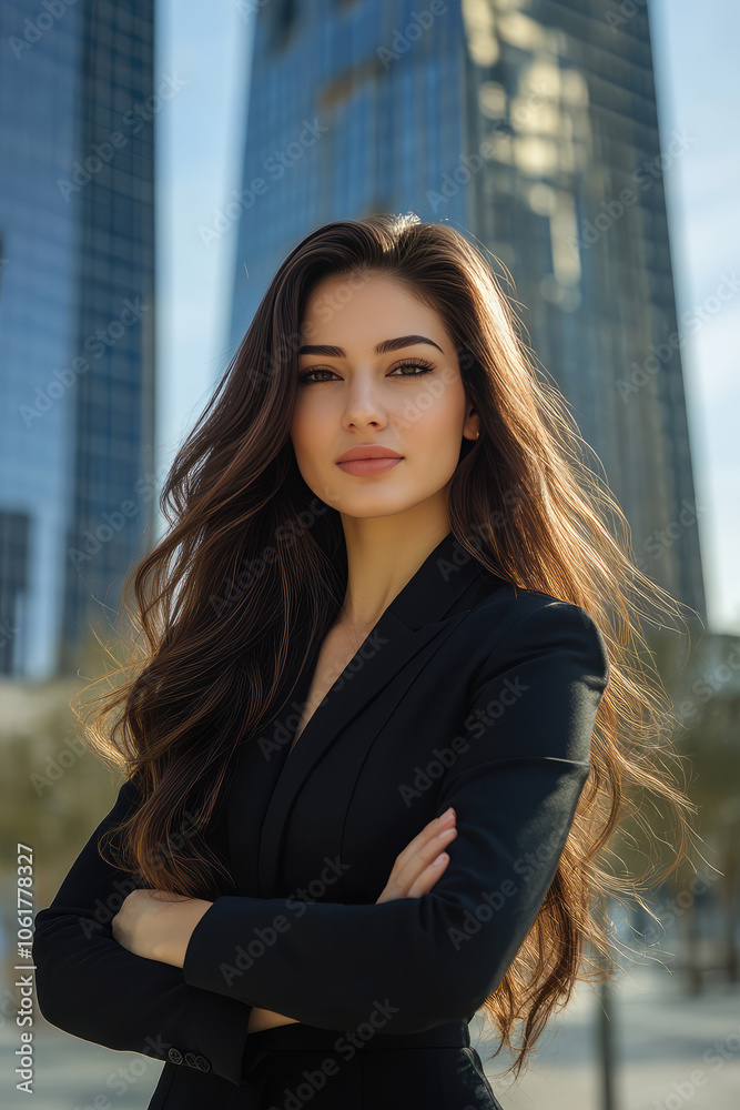 Fototapeta premium Beautiful elegant young woman businesswoman on the background of a skyscraper. Modern businesswoman entrepreneur