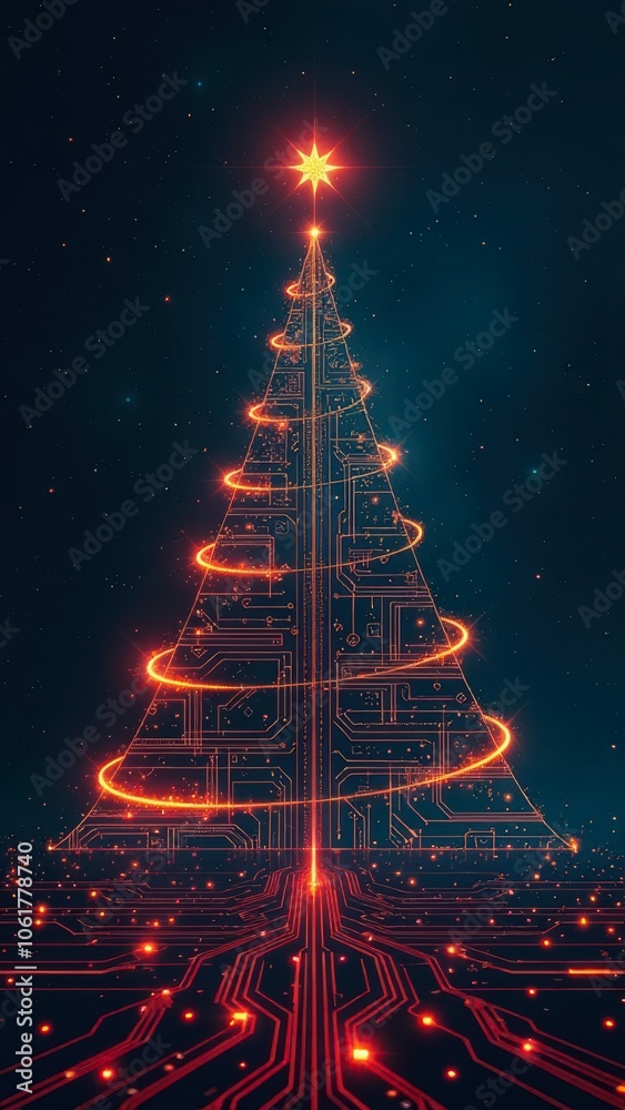 futuristic Christmas tree made of circuit board pattern, glowing star on top, illuminated with red orange lights, electronic activity, dark background, high-tech feel. Christmas, New Year, newsletter.