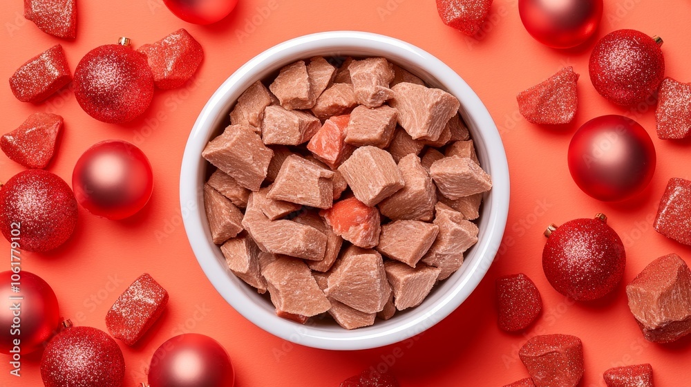 Christmas Chocolate Bark in a White Bowl with Red Ornaments Christmas Chocolate Bark in a White Bowl with Red Ornaments
