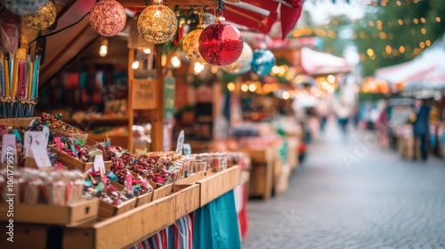 Fototapeta Naklejka Na Ścianę i Meble -  Bastille Day market stalls festive street background