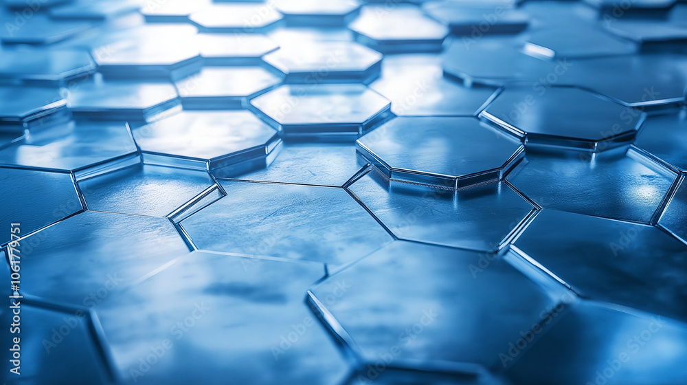A sleek, high-tech metallic hexagon pattern, with cold blue and silver tones, and light beams softly reflecting off the surface, creating a modern, minimalist look A sleek, high-tech metallic hexagon pattern, with cold blue and silver tones, and light beams softly reflecting off the surface, creating a modern, minimalist look