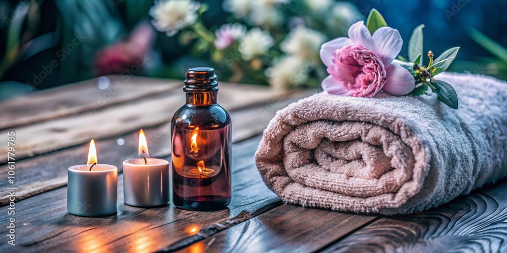 Essential Oil Bottle on Wooden Spa Table - Tranquil Aromatherapy Setting for Relaxation and Wellness, Natural Healing, Spa Essentials, Organic Products, Serenity, Calm, Home Spa, Wellness Retreat
