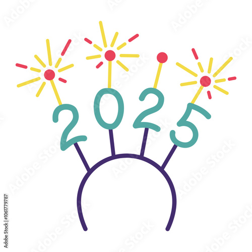 2025 new year celebration. Hairband with sparklers in cartoon flat style design element.
