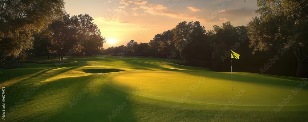 A serene golf course at sunset, showcasing lush green fairways with a flag gently waving in the breeze. A serene golf course at sunset, showcasing lush green fairways with a flag gently waving in the breeze.