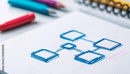 Minimalist Top-Down Blue Flowchart Sketch on Notepad in Bright Workspace
