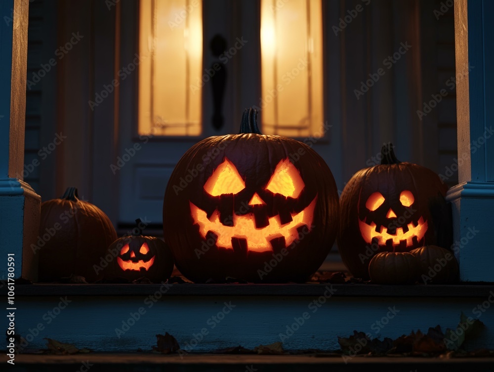 Obraz premium Lighted Jack-o-Lanterns with Intricate Carvings on a Front Porch Steps at Dusk