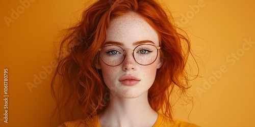 Close-up portrait shot of a beautiful and sexy red hair woman with glasses, looking at the camera. Front view. Isloated on an orange background.