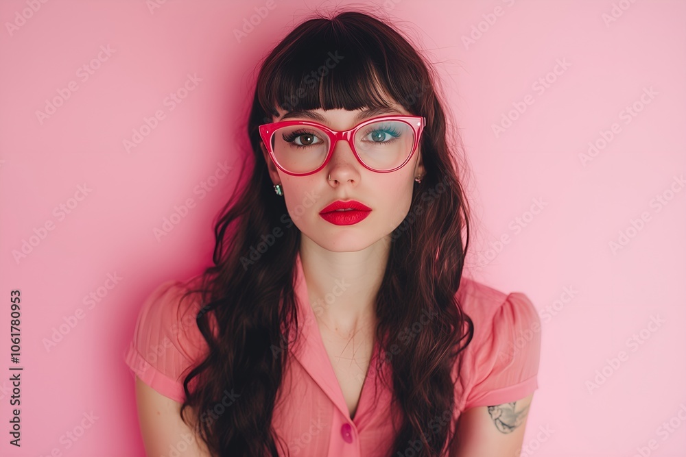 Studio shot of a young petite pinup model with red lips and red glasses in a pink blouse, isolated on a pink background. Has a tattoo. Very stylish.