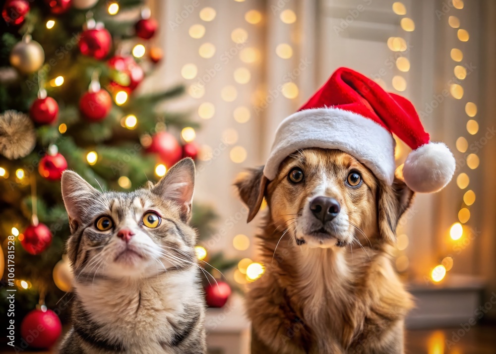 Festive Furry Friends: A Dog and Cat in Santa Hats Celebrating Christmas Cheer with Architectural Elegance in the Background Festive Furry Friends: A Dog and Cat in Santa Hats Celebrating Christmas Cheer with Architectural Elegance in the Background