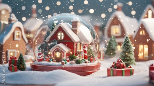 christmas snow globe, cozy village scene, gifts flat design front view North Pole theme 3D render