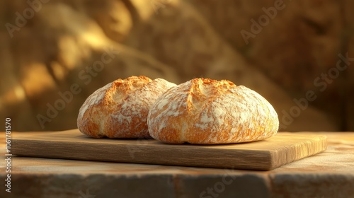 Two Freshly Baked Artisan Bread Loaves on a Rustic Wooden Cutting Board, Illuminated by Warm Golden Light