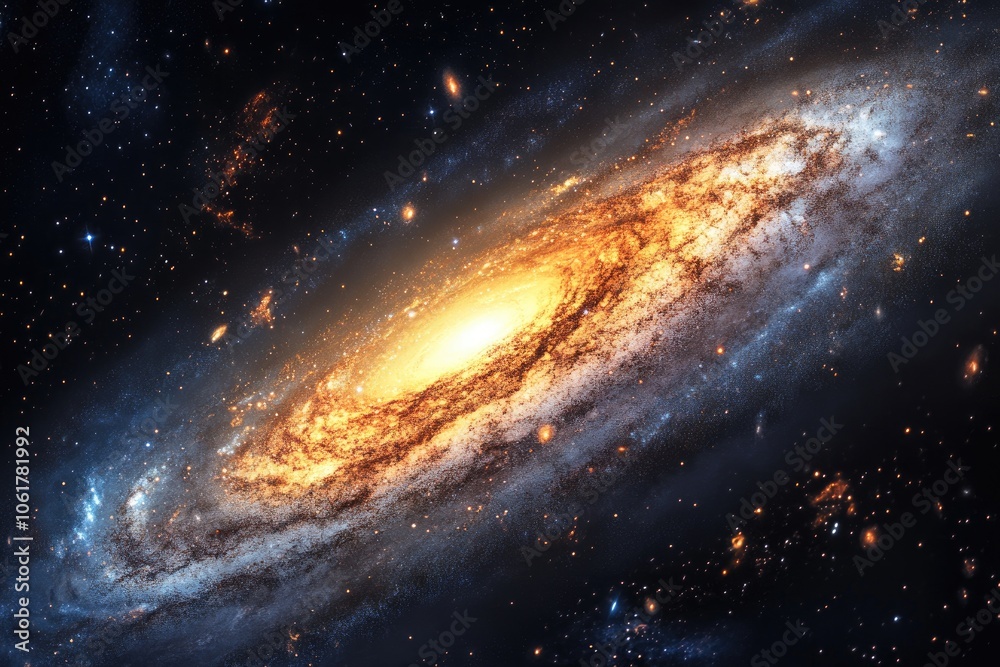 Fototapeta premium A Spiraling Galaxy in Deep Space with Bright Stars and Dust Clouds