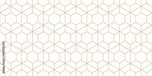 Abstract golden linear geometric seamless pattern. Subtle vector texture with thin lines, hexagon grid, net, lattice, diamond shapes. Luxury white and gold minimalist background. Trending geo design