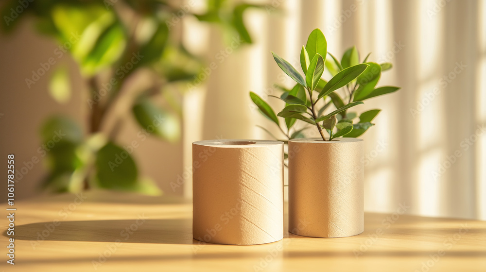Eco-friendly toilet paper rolls next to a small green plant, for a natural look Eco-friendly toilet paper rolls next to a small green plant, for a natural look