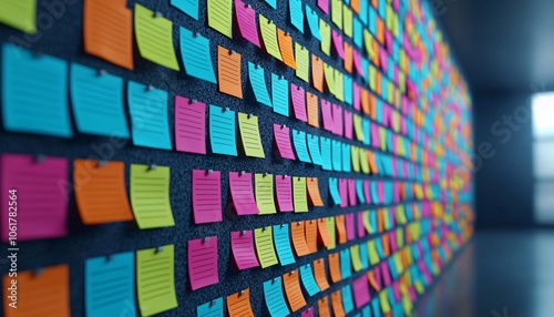 Creative Business Planning with Sticky Notes on Corkboard | Individual brainstorming ideas for Business Plan Development | Office Workspace Concept Medium Shot