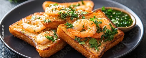 CloseUp of Shrimp Toast Triangles with Sesame Seeds Shrimp toast topped with sesame seeds, Chinese appetizer food photography, capturing texture and crunch, 3D illustration