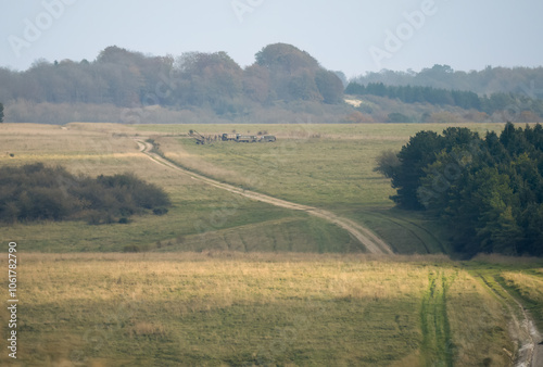 a pair of British army bae systems, Puch, Daimler, Pinzgauer High-Mobility All-Terrain 6x6 vehicles with deployed 105mm Light Artillery Guns on a military exercise photo