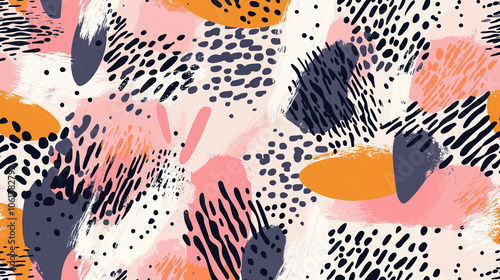 A seamless vector pattern with chic fashion elements and abstract textures in a colorful design. 