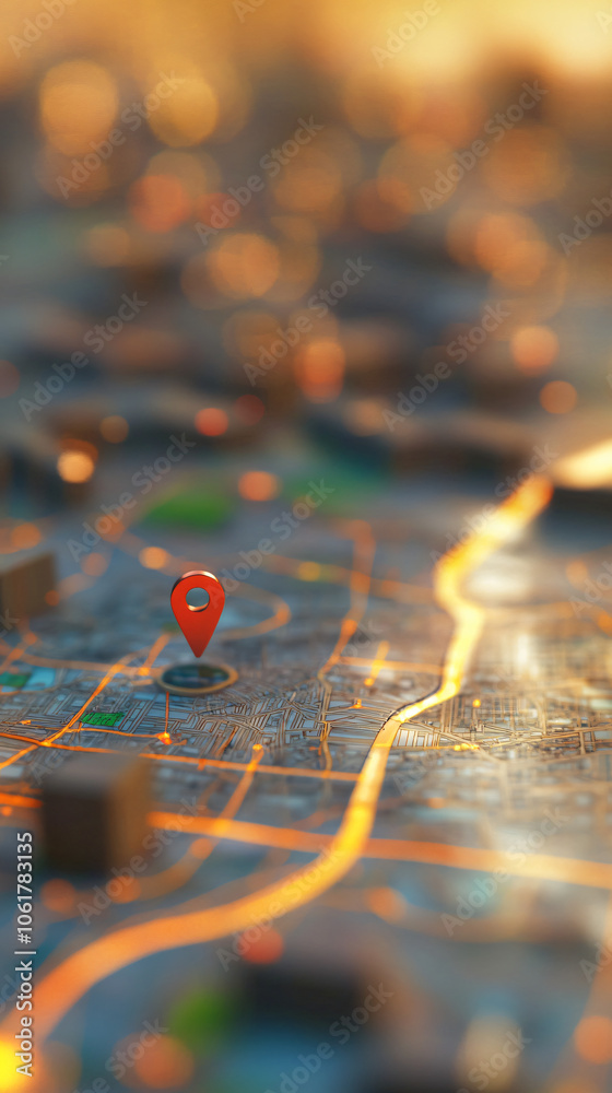 Sunset view of illuminated map highlighting city center highway with red pin Sunset view of illuminated map highlighting city center highway with red pin