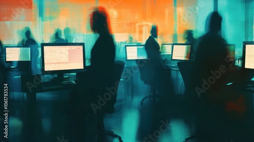 Office scene with computer screens and blurred figures, suggesting collaborative work environments