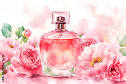 Transparent glass bottle of perfume with pink rose and peony flowers around. Watercolor illustration. White background.