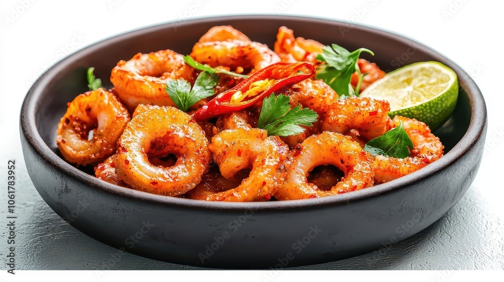 Salt and Pepper Calamari Garnished with Chilies Crispy calamari with fresh chili slices, Chinese appetizer food photography, combining spicy and crunchy textures, 3D illustration Salt and Pepper Calamari Garnished with Chilies Crispy calamari with fresh chili slices, Chinese appetizer food photography, combining spicy and crunchy textures, 3D illustration