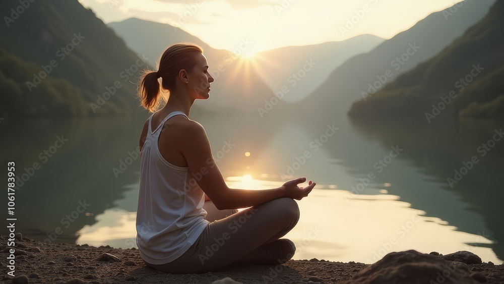 Peaceful meditation by tranquil lake at sunrise surrounded by beautiful mountain landscape Peaceful meditation by tranquil lake at sunrise surrounded by beautiful mountain landscape