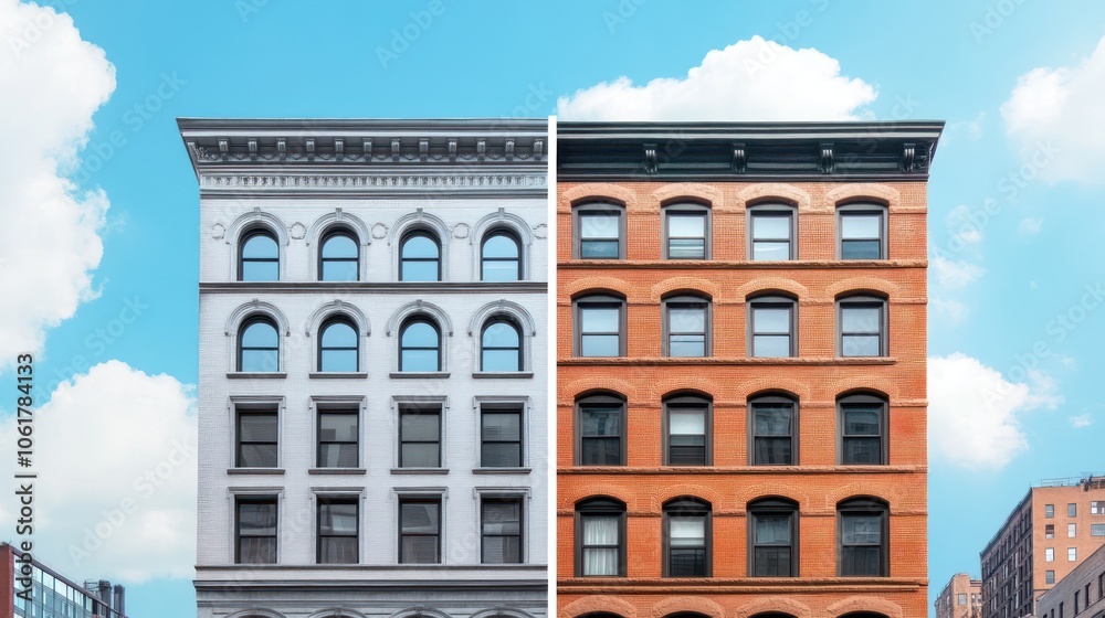 Fototapeta premium Two identical buildings with different facades. One is white and the other is red brick.