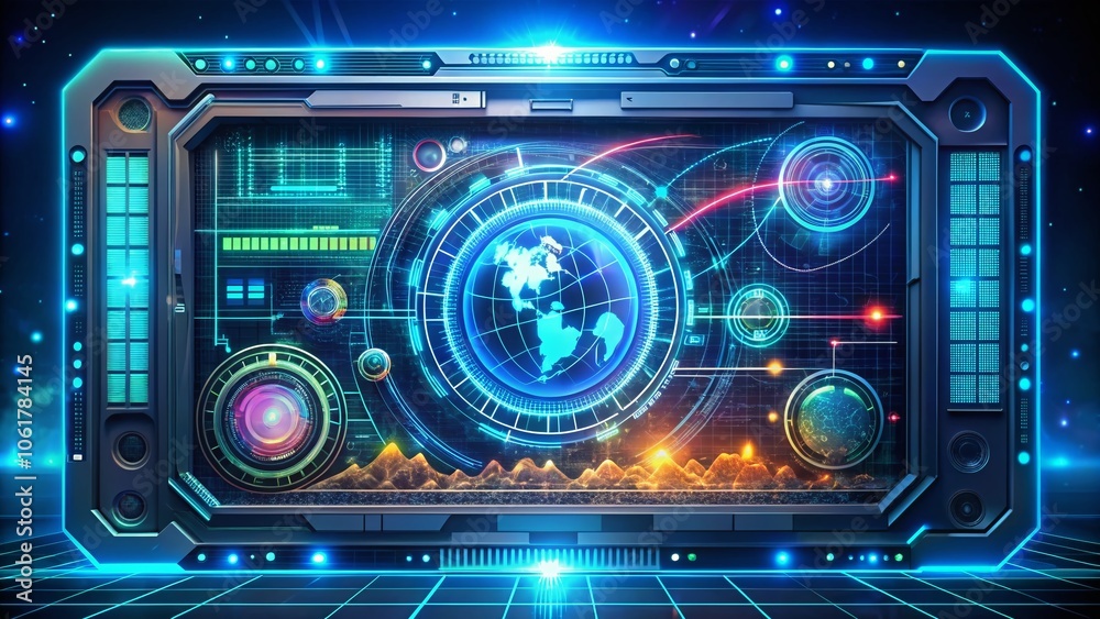 Futuristic Sci-Fi HUD Screen with Holographic Interface for Cyberpunk VR Game - Mega Tech Elements, Digital Control Panel, and Garish Vector Illustration Futuristic Sci-Fi HUD Screen with Holographic Interface for Cyberpunk VR Game - Mega Tech Elements, Digital Control Panel, and Garish Vector Illustration