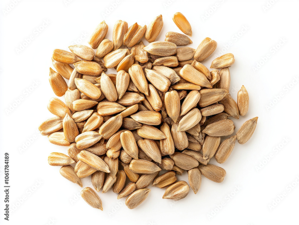 A close-up view of raw sunflower seeds on a plain background ready for snacking or planting A close-up view of raw sunflower seeds on a plain background ready for snacking or planting