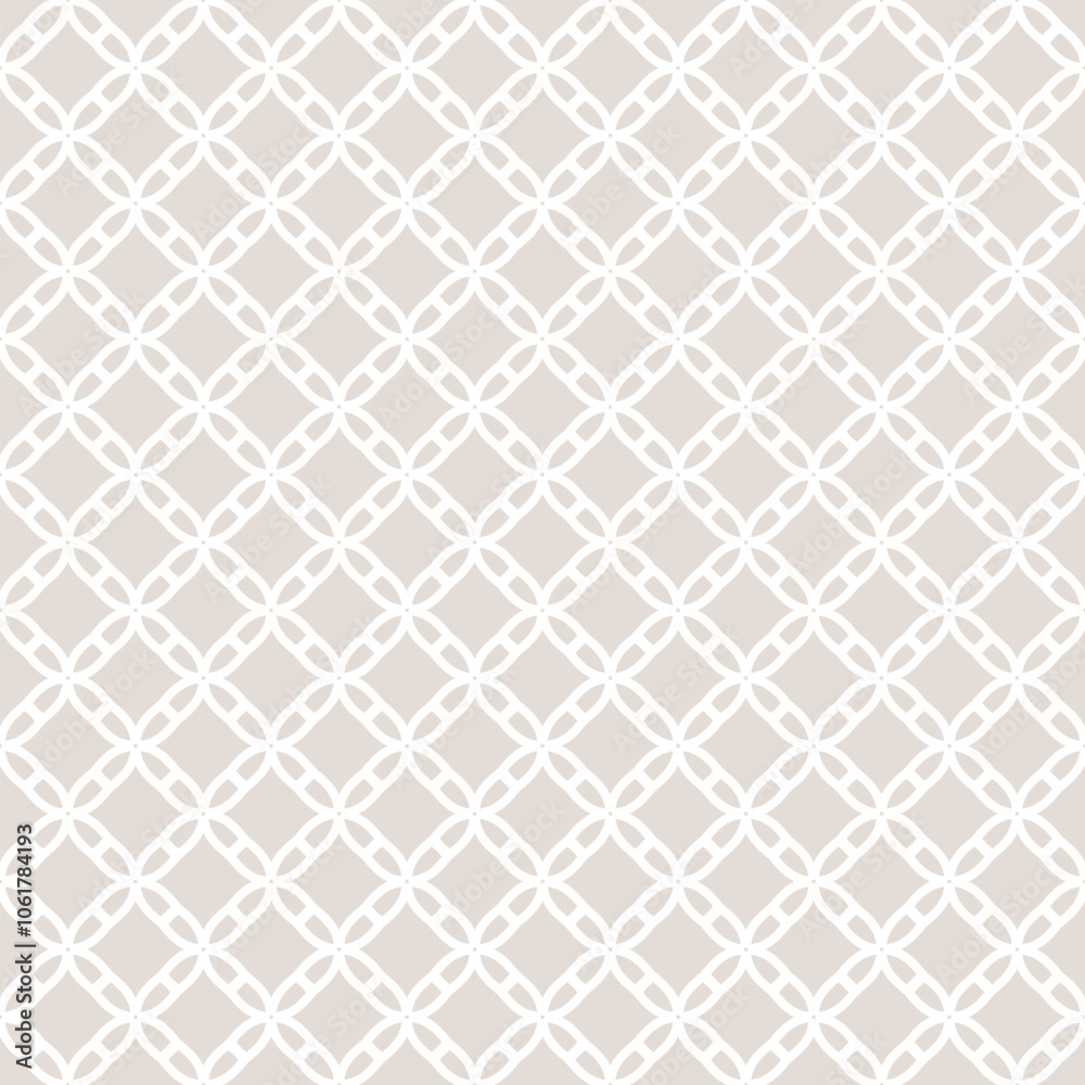 Subtle minimal grid ornament. Vector abstract beige and white geometric seamless pattern with lattice, diamond shapes, flower silhouettes, net. Simple elegant background texture. Repeating geo design Subtle minimal grid ornament. Vector abstract beige and white geometric seamless pattern with lattice, diamond shapes, flower silhouettes, net. Simple elegant background texture. Repeating geo design
