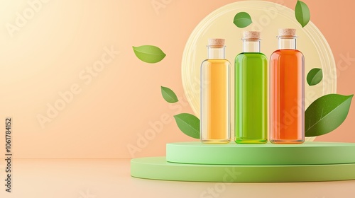 Three bottles of colorful oils on a podium with leaves, soft pastel background.