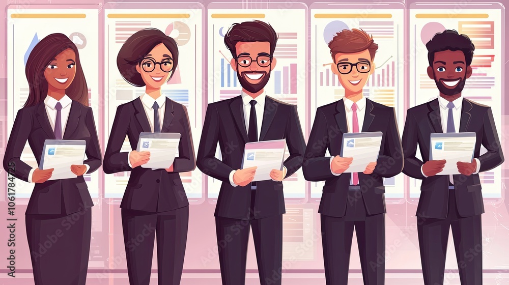 Diverse team of professionals standing together, smiling, in smart business attire. Diverse team of professionals standing together, smiling, in smart business attire.