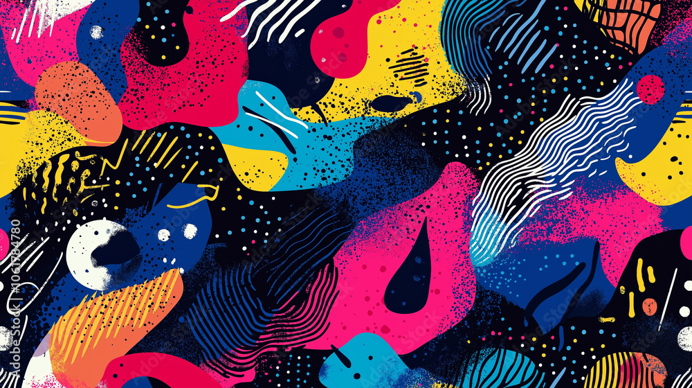 A seamless pattern with a mix of vibrant fashion elements and abstract textures. The design features colorful geometric shapes, flowing lines, A seamless pattern with a mix of vibrant fashion elements and abstract textures. The design features colorful geometric shapes, flowing lines,