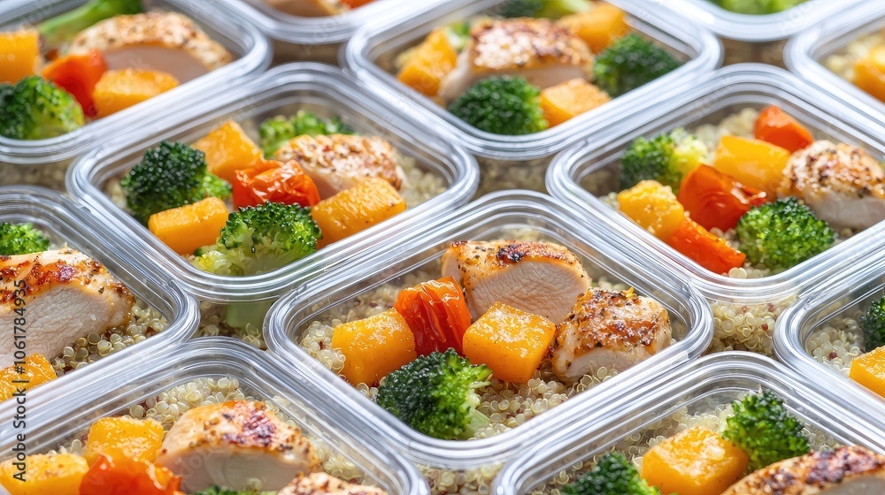 Healthy meal prep containers with chicken, broccoli, and colorful vegetables. Healthy meal prep containers with chicken, broccoli, and colorful vegetables.