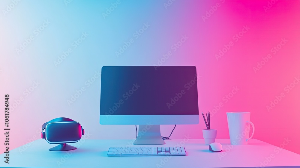 Modern workspace with computer, VR headset, and coffee cup on a colorful background. Modern workspace with computer, VR headset, and coffee cup on a colorful background.