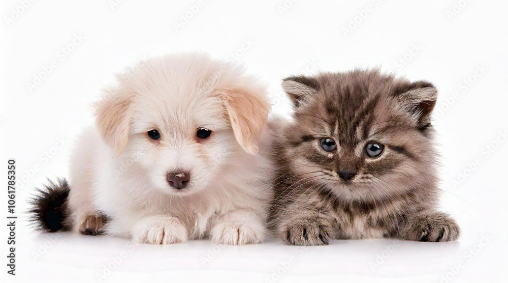 puppy and little  kitten isolated on white background studio shot