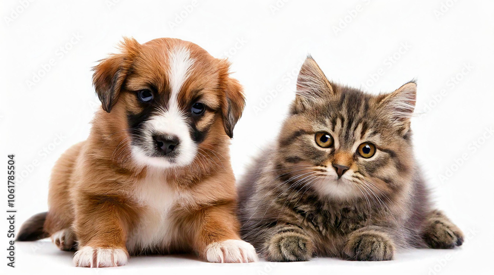 Fototapeta premium puppy and little kitten isolated on white background studio shot