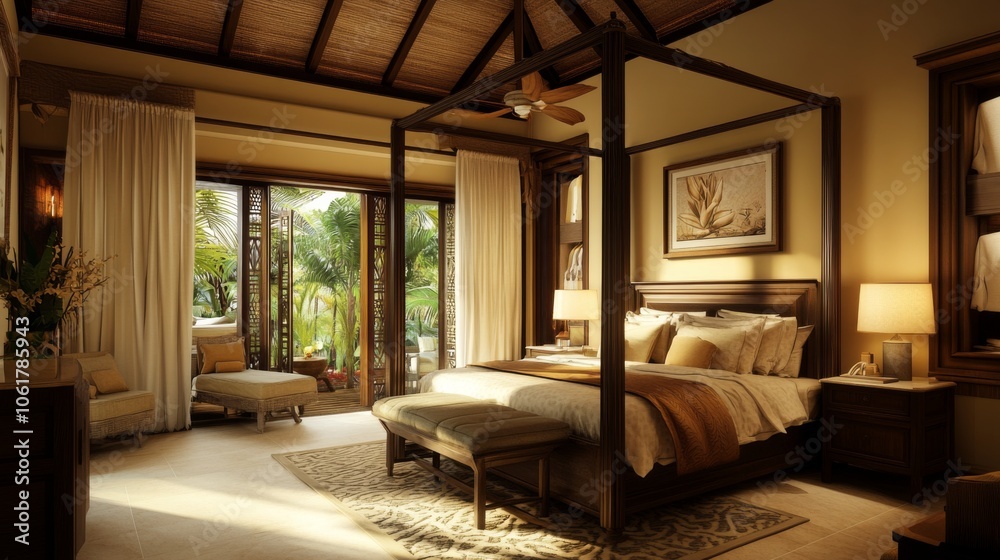Luxurious Master Bedroom with King-Size Four-Poster Bed, Silk Bedding, and Walk-In Closet Luxurious Master Bedroom with King-Size Four-Poster Bed, Silk Bedding, and Walk-In Closet